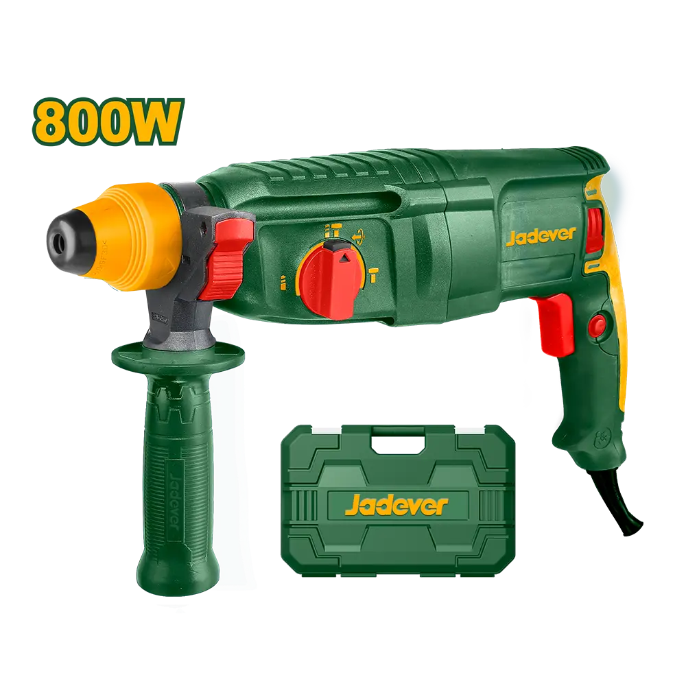 Rotomartillo 800W - Voltaje 220-240V 50/60HZ - Velocidad Sin Carga 0-1100RPM - Tasa de Impacto 0-4000BPM - Energia de Impacto 2.5J - Sistema de Mnadril SDS PLUS - Incluye 5 Accesorios SDS