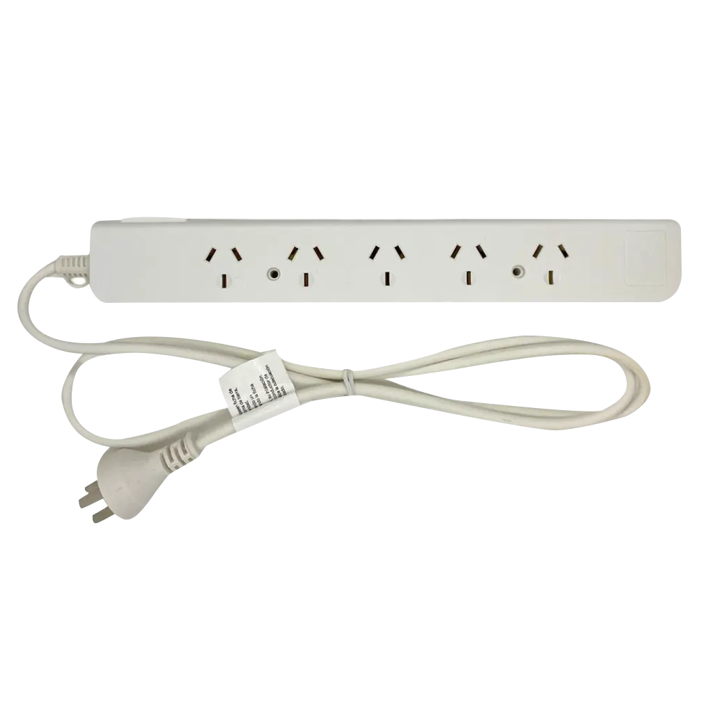 PROLONGADOR MULTIPLE 5 TOMAS, BLANCO, 1,5  MTS DE CABLE 3X0,75MM, 250V, 10A, 2200W  MAX. PROTECTOR TERMICO