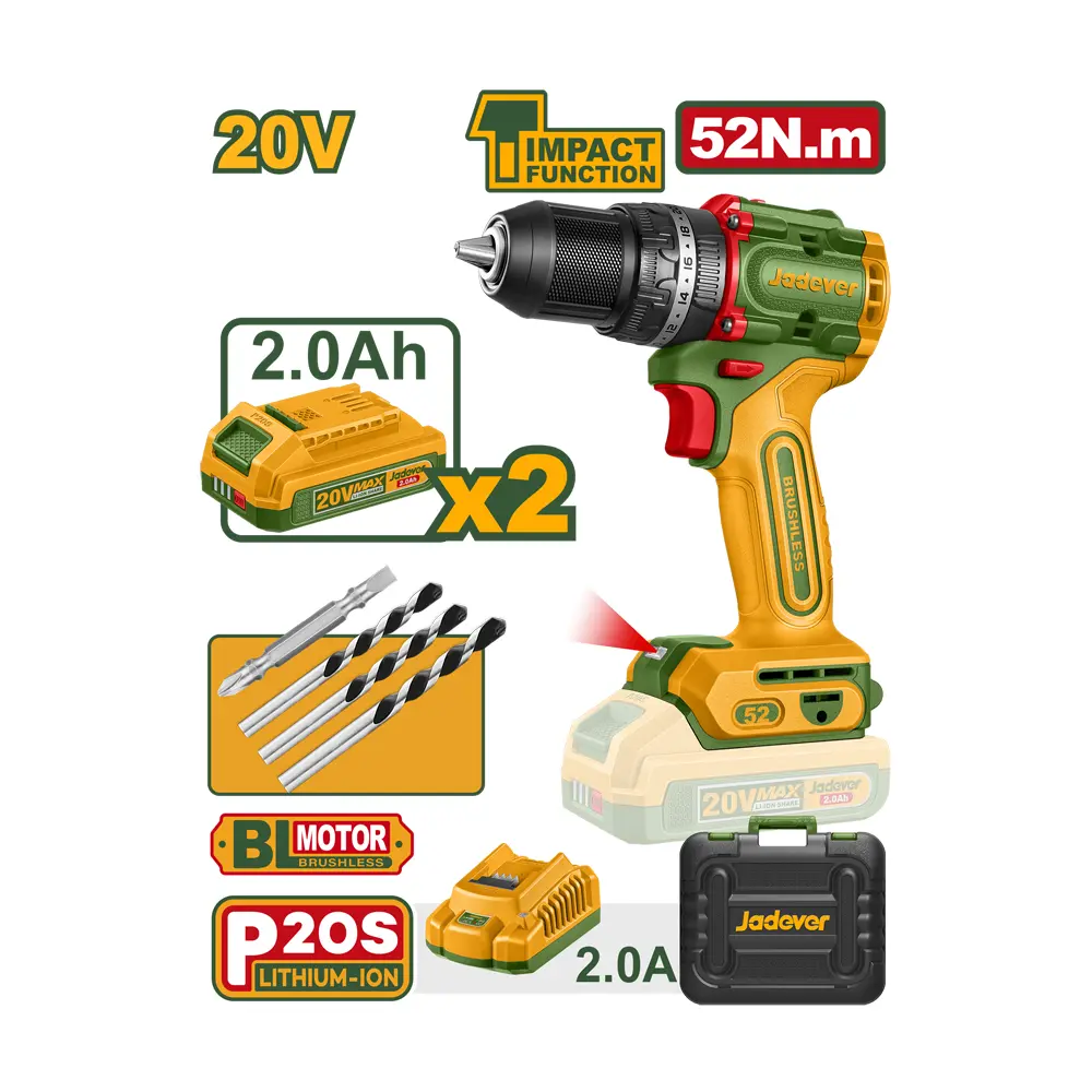 TALADRO ATORNILLADOR CON IMPACTO MOTOR BRUSHLESS 20V PAR MÁXIMO: 52 NM MANDRIL: 13 MM AJUSTES DE PAR: 22+1+1 ENGRANAJE MECÁNICO DE 2 VELOCIDADES INCLUYE: BATERÍAS Y CARGADOR BROCAS