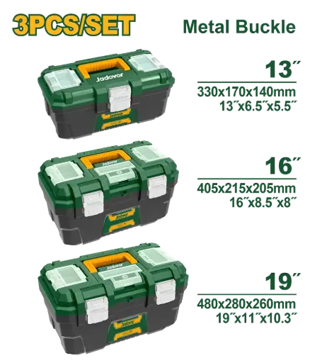 [JDTB4103] Set de 3 Cajas de Herramientas, Tamaño de las Cajas 330x170x140mm, 405x215x205mm, 480x280x260mm, Hebilla de Metal, Incluye Una Bandeja de Plastico, Tapa Superior con Tres Zonas de Almacenamiento