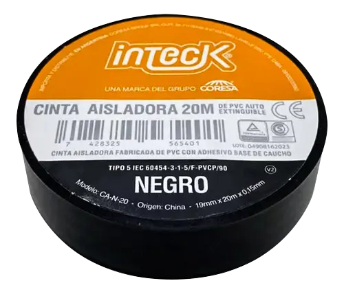[CA-N-20] CINTA ADHESIVA PVC INTECK - NEGRA 20  METROS